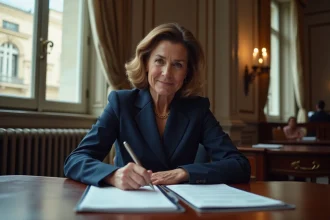 Femme en costume à la mairie de Paris signant des documents