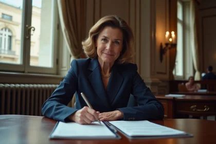 Femme en costume à la mairie de Paris signant des documents