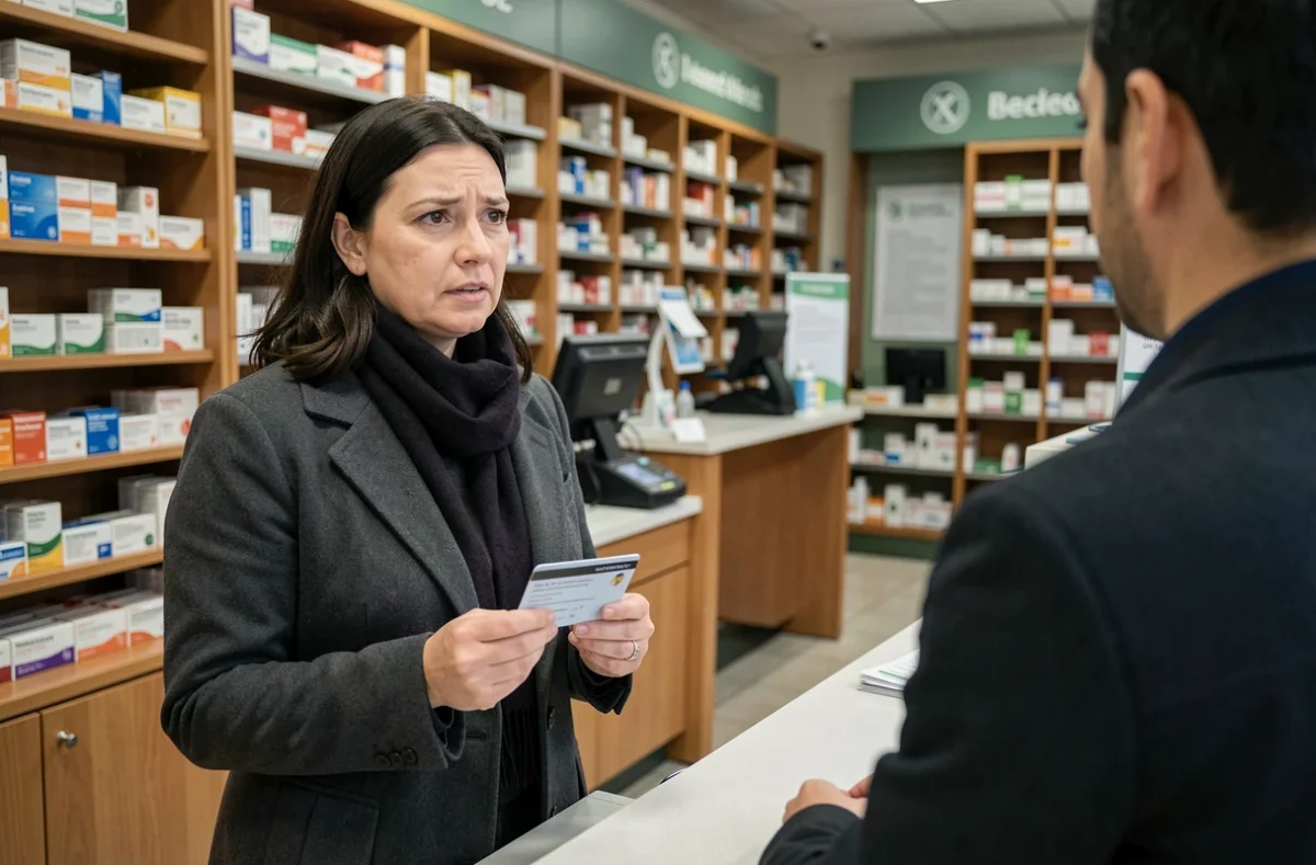 Femme présentant sa carte de mutuelle en pharmacie après une période de chômage