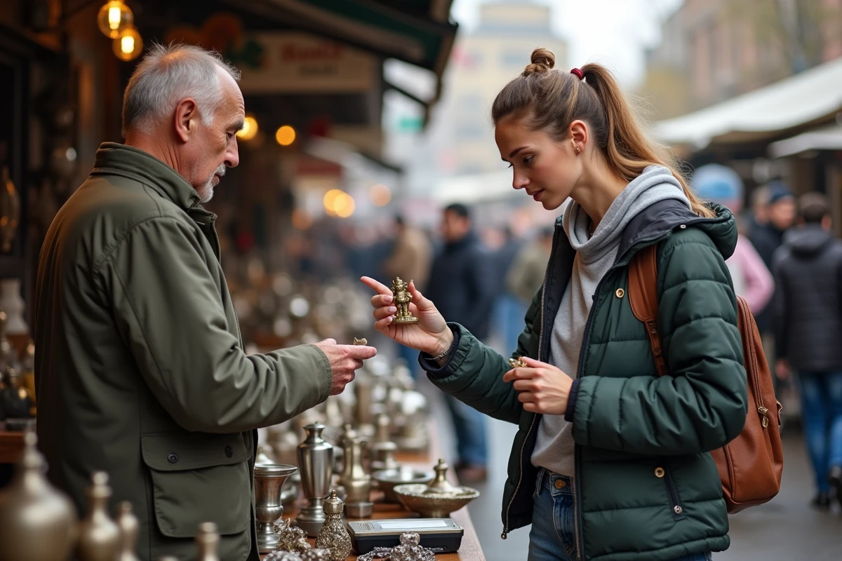 Jeune femme négociant un figurine en bronze au marché