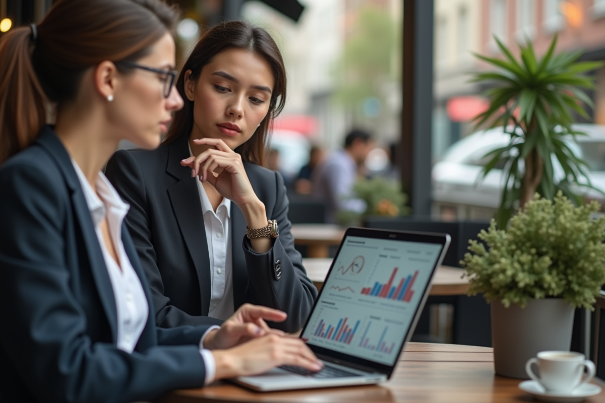 Jeune femme analysant des données boursières en extérieur
