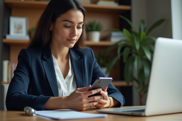 Femme professionnelle utilisant une application crypto sur smartphone