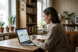 Femme assise à une table avec ordinateur pour simulation d'assurance