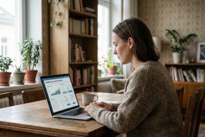 Femme assise à une table avec ordinateur pour simulation d'assurance