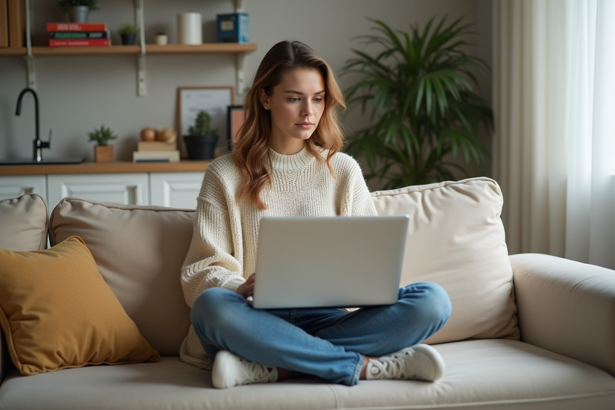 Femme détendue regarde un graphique S&P 500 sur son ordinateur portable