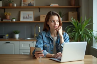 Femme en denim tenant son smartphone dans un intérieur moderne
