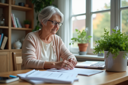 Femme d'âge moyen organisant des documents de retraite à la maison