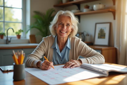 Femme souriante organisant ses documents officiels dans la cuisine
