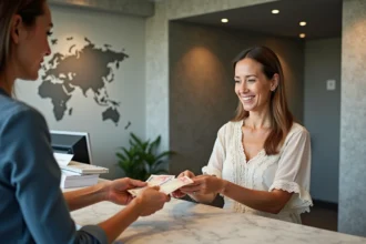 Femme polynesienne échangeant des billets d'euros au guichet