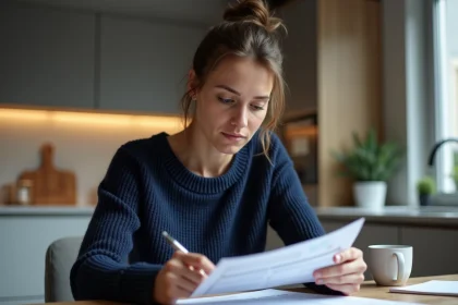 Femme concentrée préparant ses impots à la maison