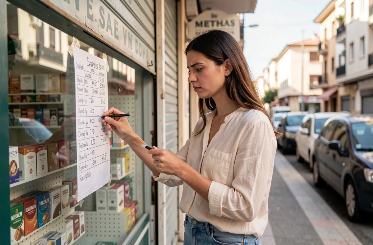 Jeune femme consultant une liste de prix de cigarettes en devanture d'une épicerie espagnole en ville, reflétant l'augmentation du coût du tabac en Espagne en 2026