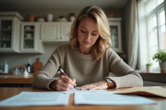 Femme rédigeant une lettre de résiliation d'assurance habitation et auto à la table de cuisine