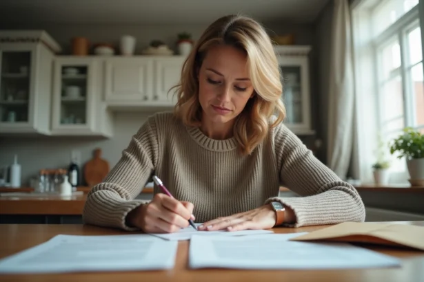 Femme rédigeant une lettre de résiliation d'assurance habitation et auto à la table de cuisine