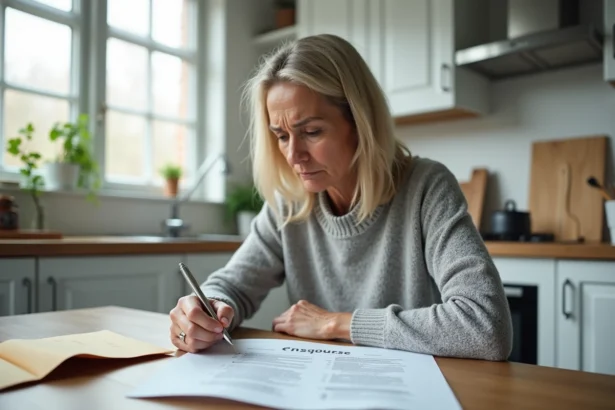 Femme frustrée face à un refus de résiliation d'assurance Matmut avec des documents épars sur la table