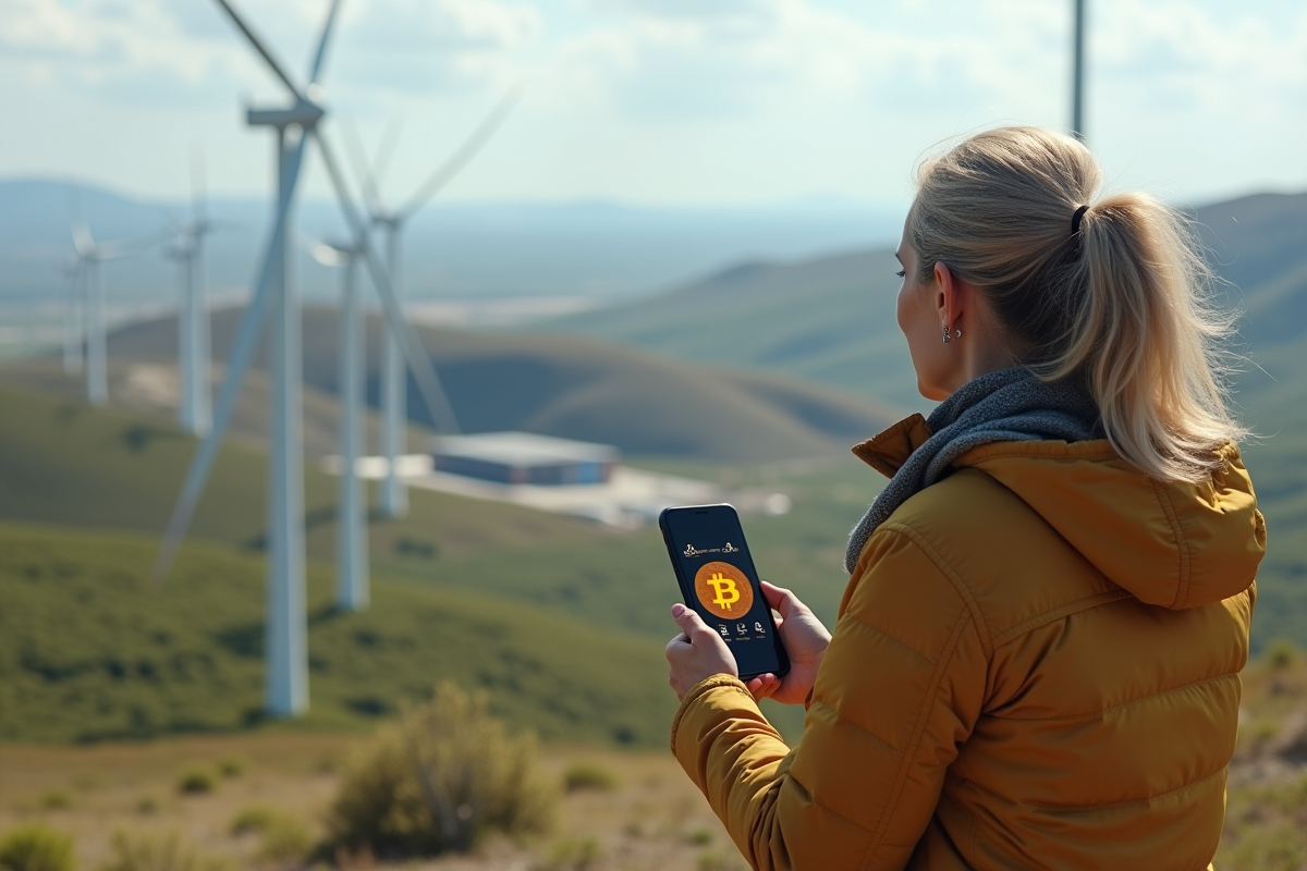 Femme en extérieur avec éoliennes et panneaux solaires