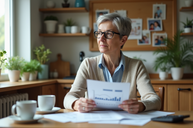 Femme retraitée concentrée sur ses papiers de retraite