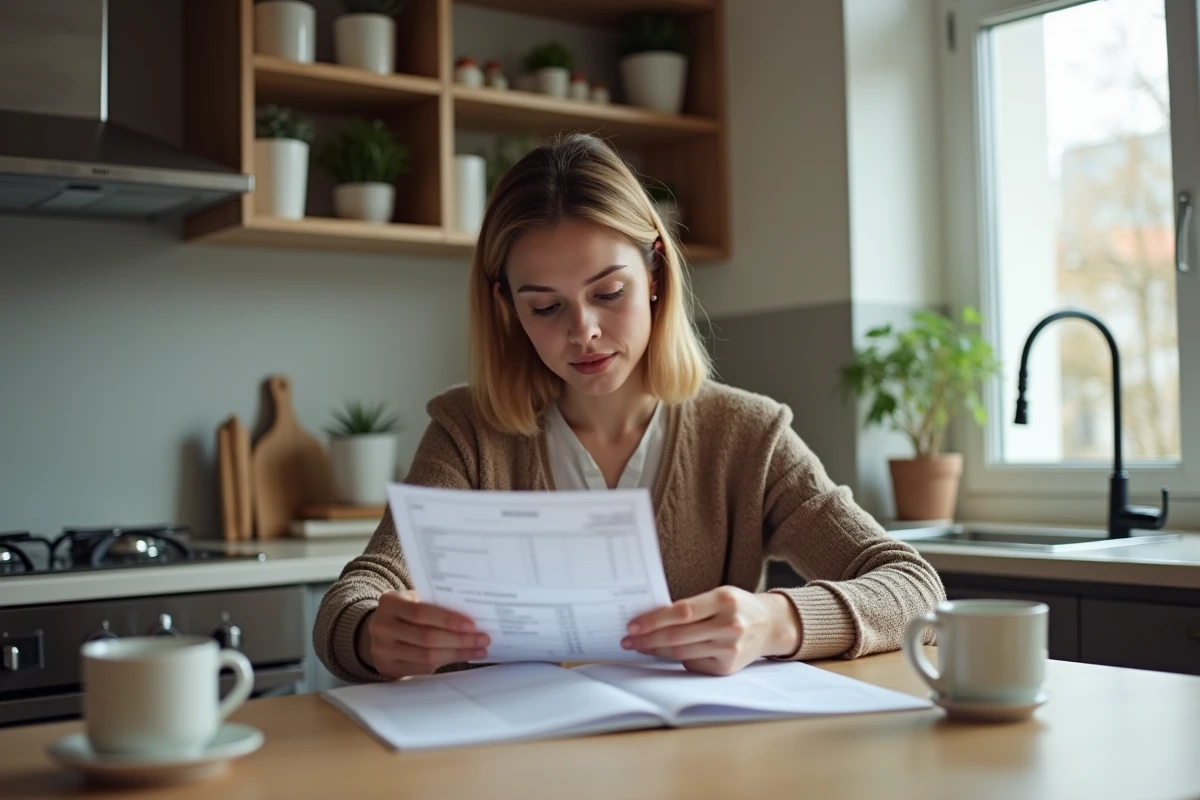 Jeune femme examine un relevé bancaire à la maison