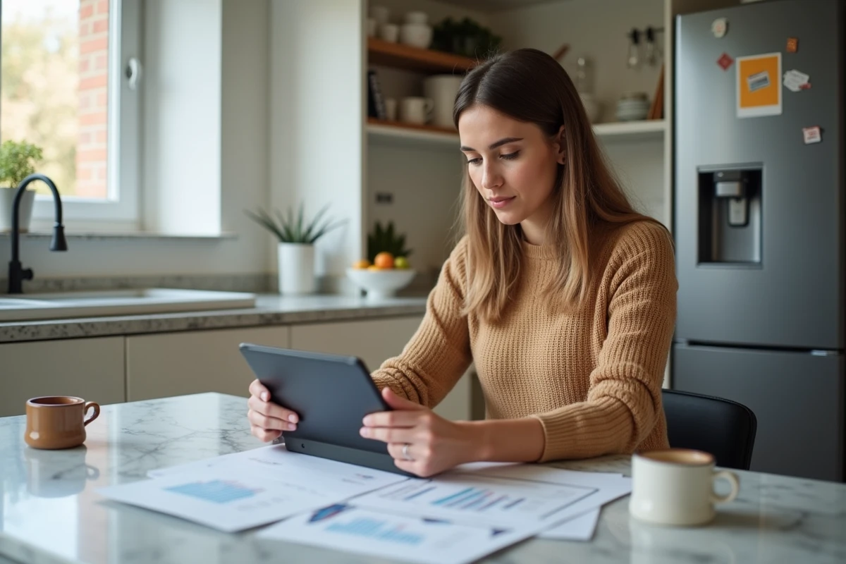 Femme analysant documents financiers dans une cuisine lumineuse