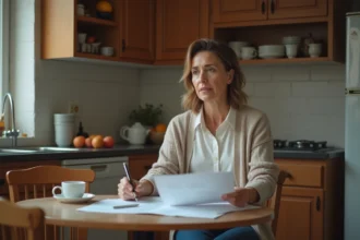Femme réfléchissant en cuisine avec papiers