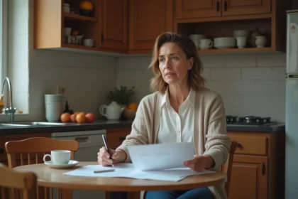 Femme réfléchissant en cuisine avec papiers