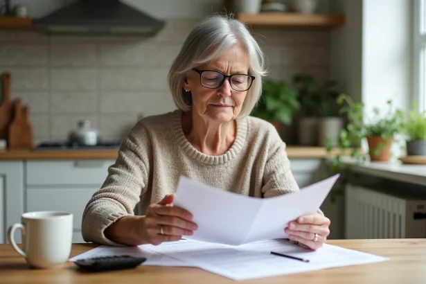 Femme d'âge moyen examine documents de retraite à la maison