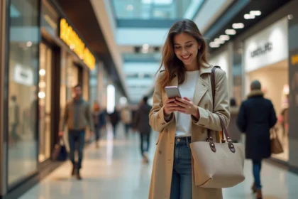 Femme souriante vérifiant son smartphone devant un magasin