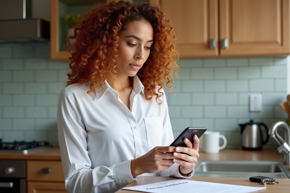 Jeune femme utilisant son smartphone pour calculer son salaire SMIC avec un contrat 25 heures dans sa cuisine