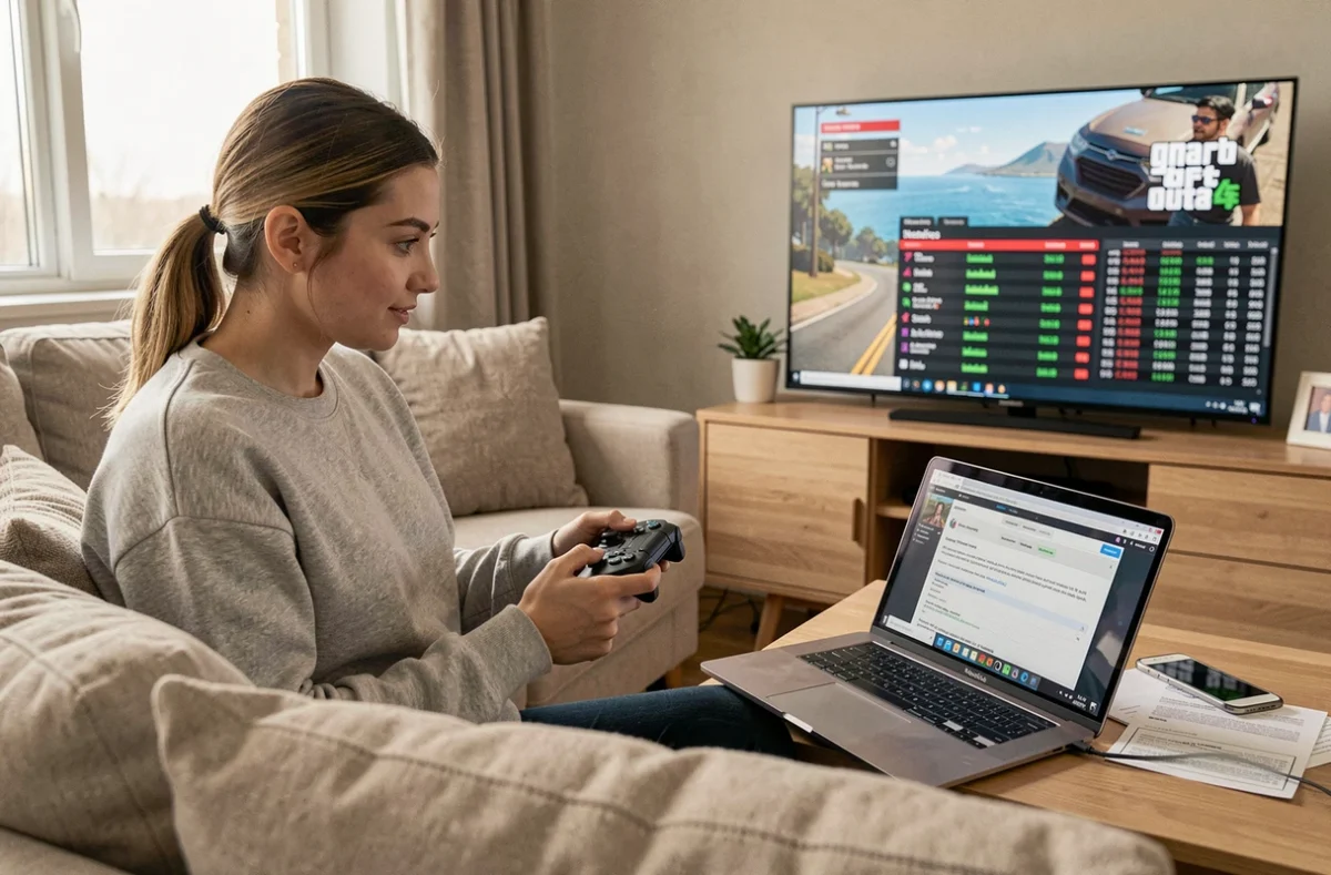 Jeune femme jouant à GTA 5 tout en consultant une stratégie d'investissement boursier Lester sur son ordinateur portable
