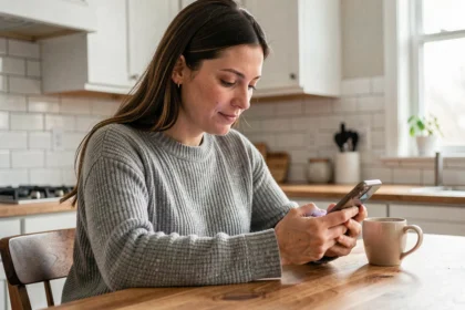 Femme utilisant une application de transfert d'argent sur son smartphone dans une cuisine moderne aux États-Unis