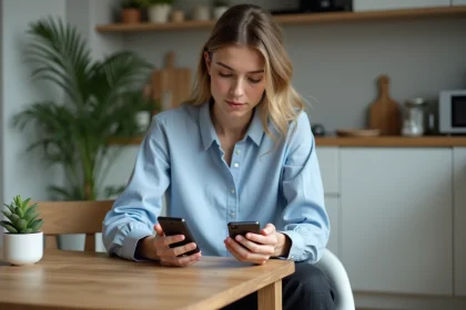 Femme en cuisine transférant des données entre deux smartphones