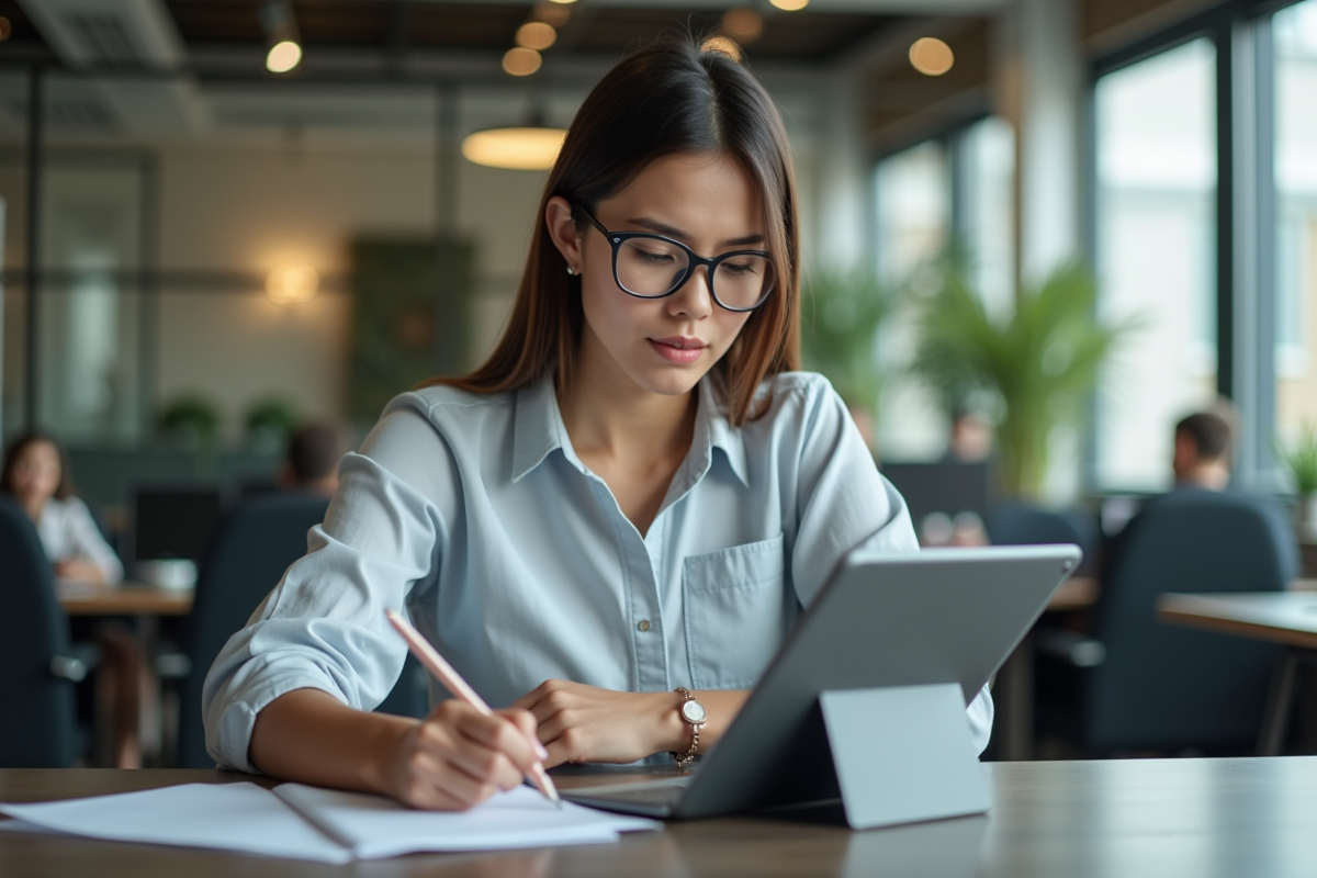 Jeune femme travaillant sur tablette dans espace coworking