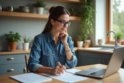 Femme en cuisine travaillant sur documents et ordinateur