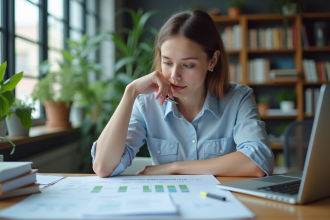 Jeune femme concentrée analysant un graphique de taxe carbone
