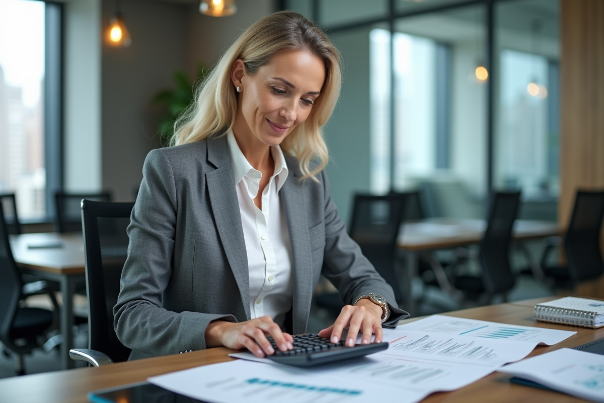 Femme professionnelle utilisant une calculatrice au bureau