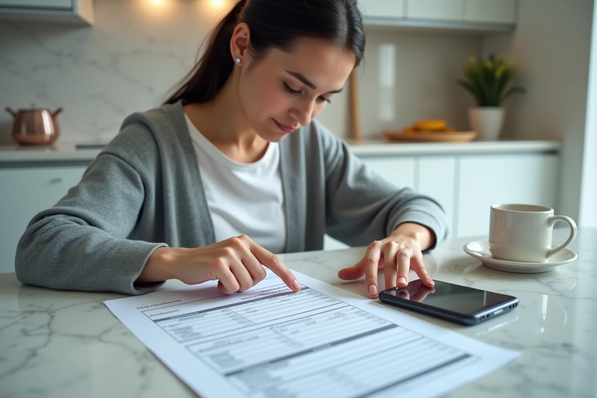 Femme vérifiant les informations requises sur le Cerfa 3916 bis avec son smartphone dans une cuisine moderne