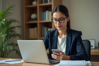 Femme utilisant une application bancaire sur smartphone pour effectuer un virement instantané depuis son bureau à domicile