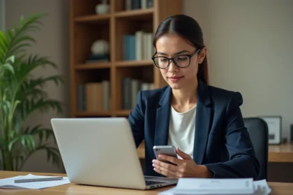 Femme utilisant une application bancaire sur smartphone pour effectuer un virement instantané depuis son bureau à domicile