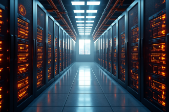 Ferme de minage de cryptomonnaie avec ordinateurs et lumières LED