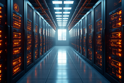 Ferme de minage de cryptomonnaie avec ordinateurs et lumières LED