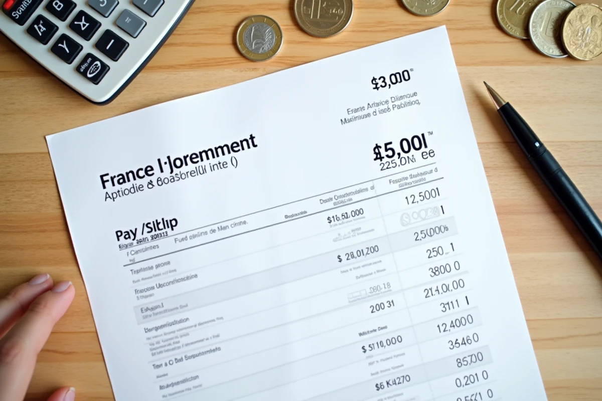 Fiche de paie de fonctionnaire avec calculatrice et pièces en euros sur un bureau