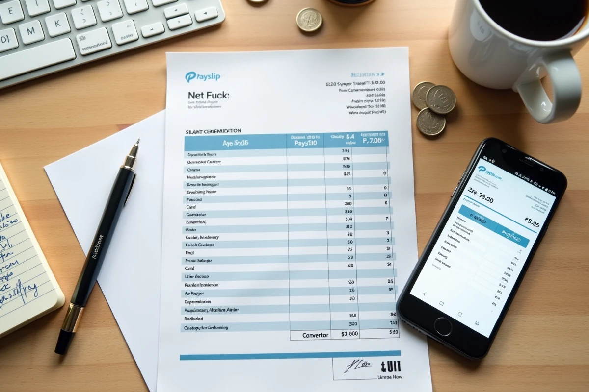 Vue aérienne d'une fiche de paie avec calculs manuscrits et application mobile de conversion salaire net brut