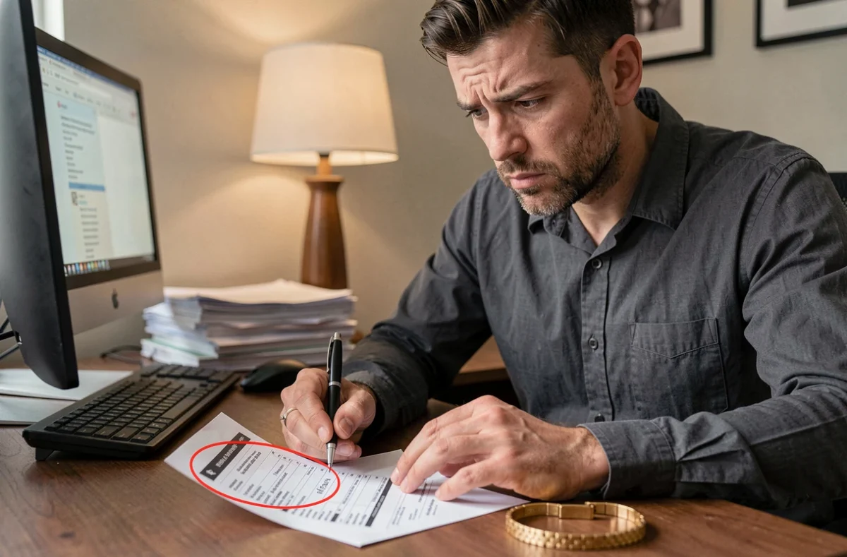 Un homme analysant des frais et commissions sur un reçu de vente de bijoux en or qui réduisent le prix net reçu