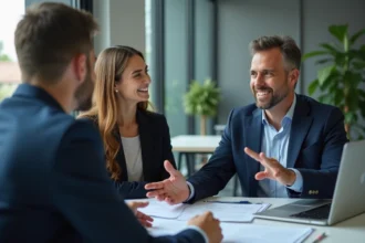Personne consultant un courtier immobilier dans un bureau moderne