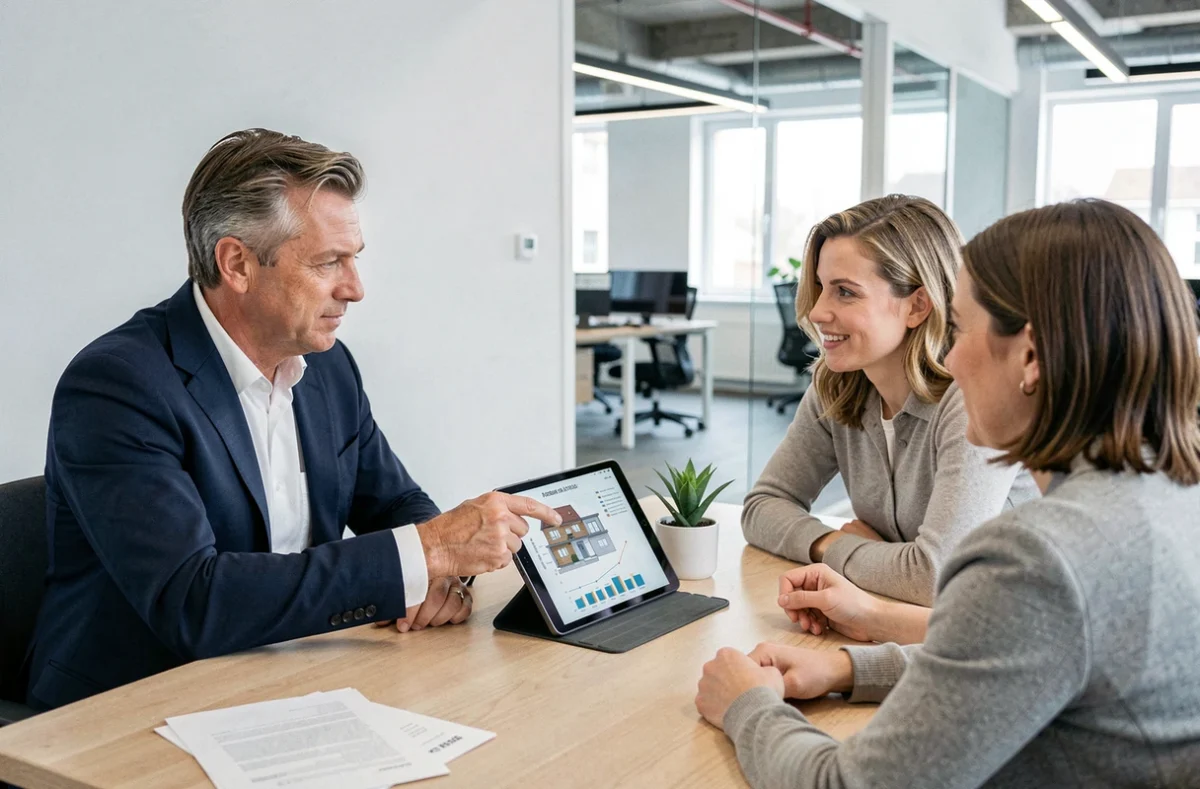 Gilles Huguenin présentant une stratégie d'investissement locatif à des clients lors d'une réunion