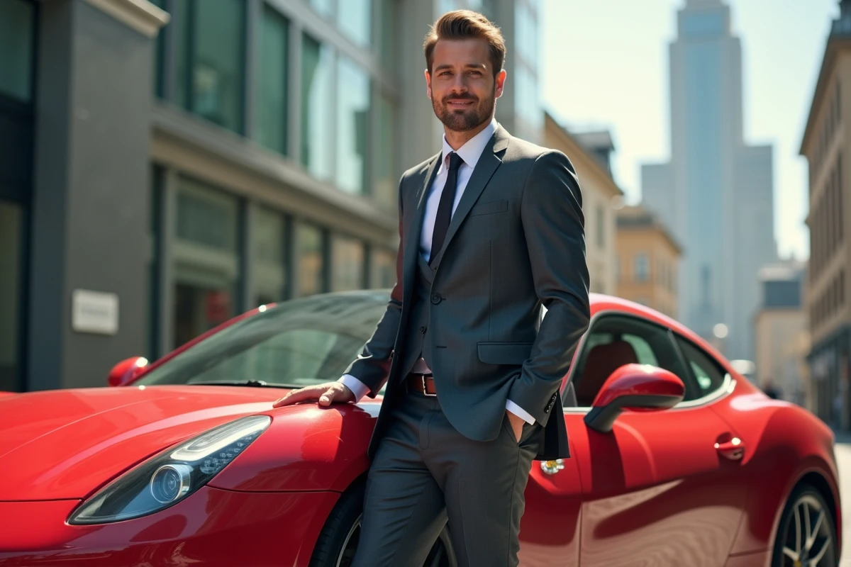 Homme élégant posant devant une supercar rouge en milieu urbain évoquant la fortune et le train de vie de GMK