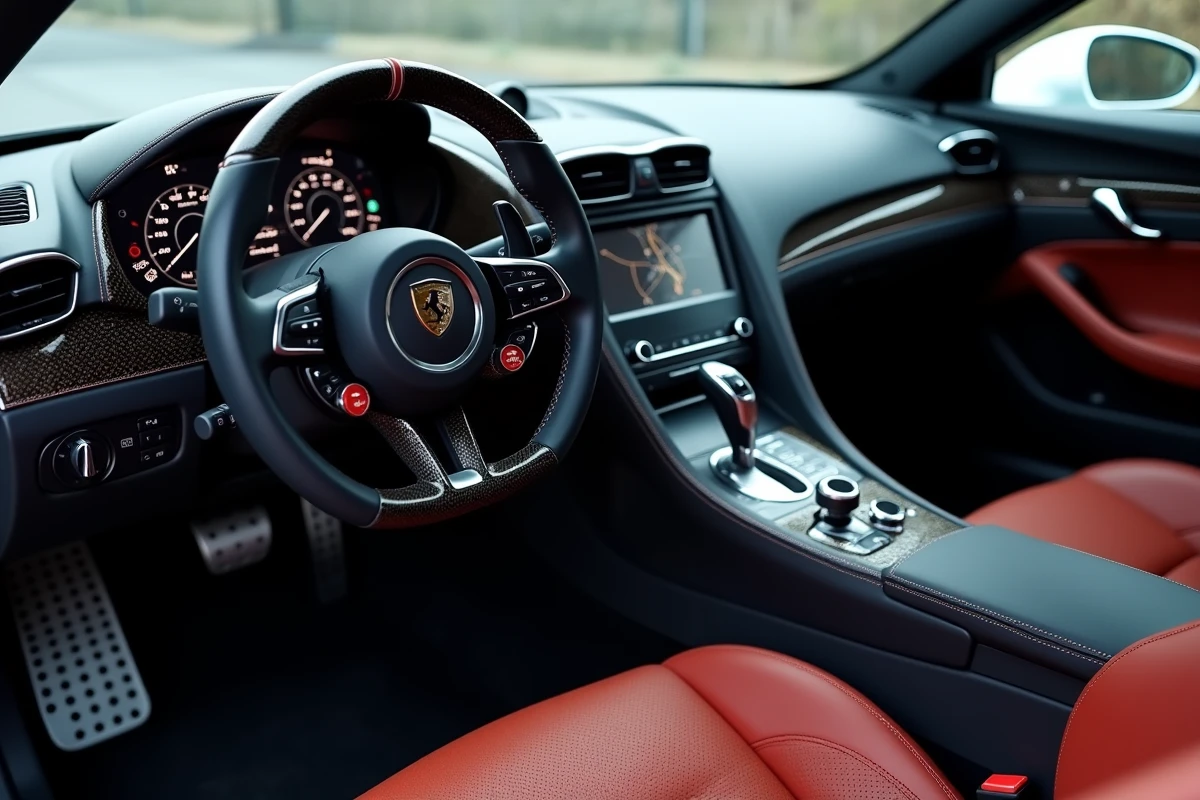 Intérieur cockpit d'une supercar de luxe avec finitions carbone et cuir illustrant le coût des bolides de GMK