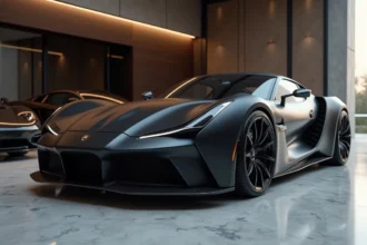 Supercar de luxe noire garée dans un garage privé haut de gamme illustrant le train de vie de GMK
