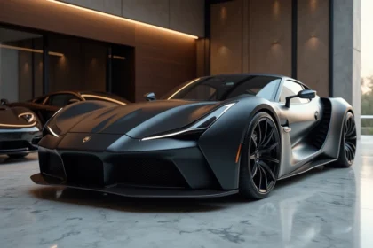 Supercar de luxe noire garée dans un garage privé haut de gamme illustrant le train de vie de GMK