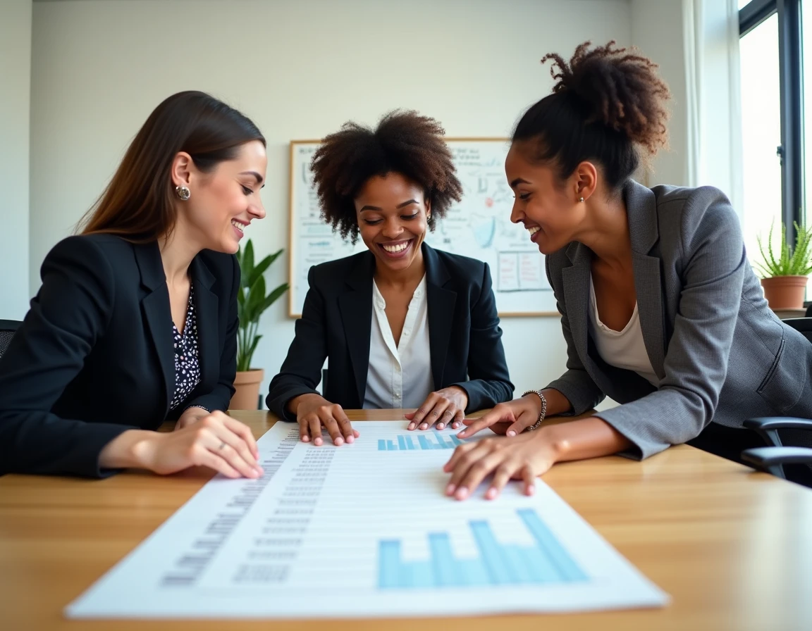 Groupe de jeunes professionnels en début de carrière comparant des grilles de salaires autour d'une table dans un espace de coworking