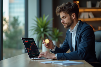 Jeune homme d'affaires examinant un bitcoin en bureau moderne